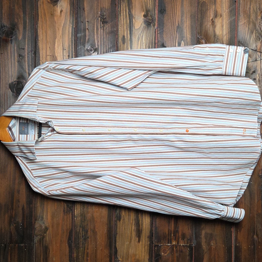 Striped Button-Up Shirt with Plaid Geometric Trim 100% Cotton XL